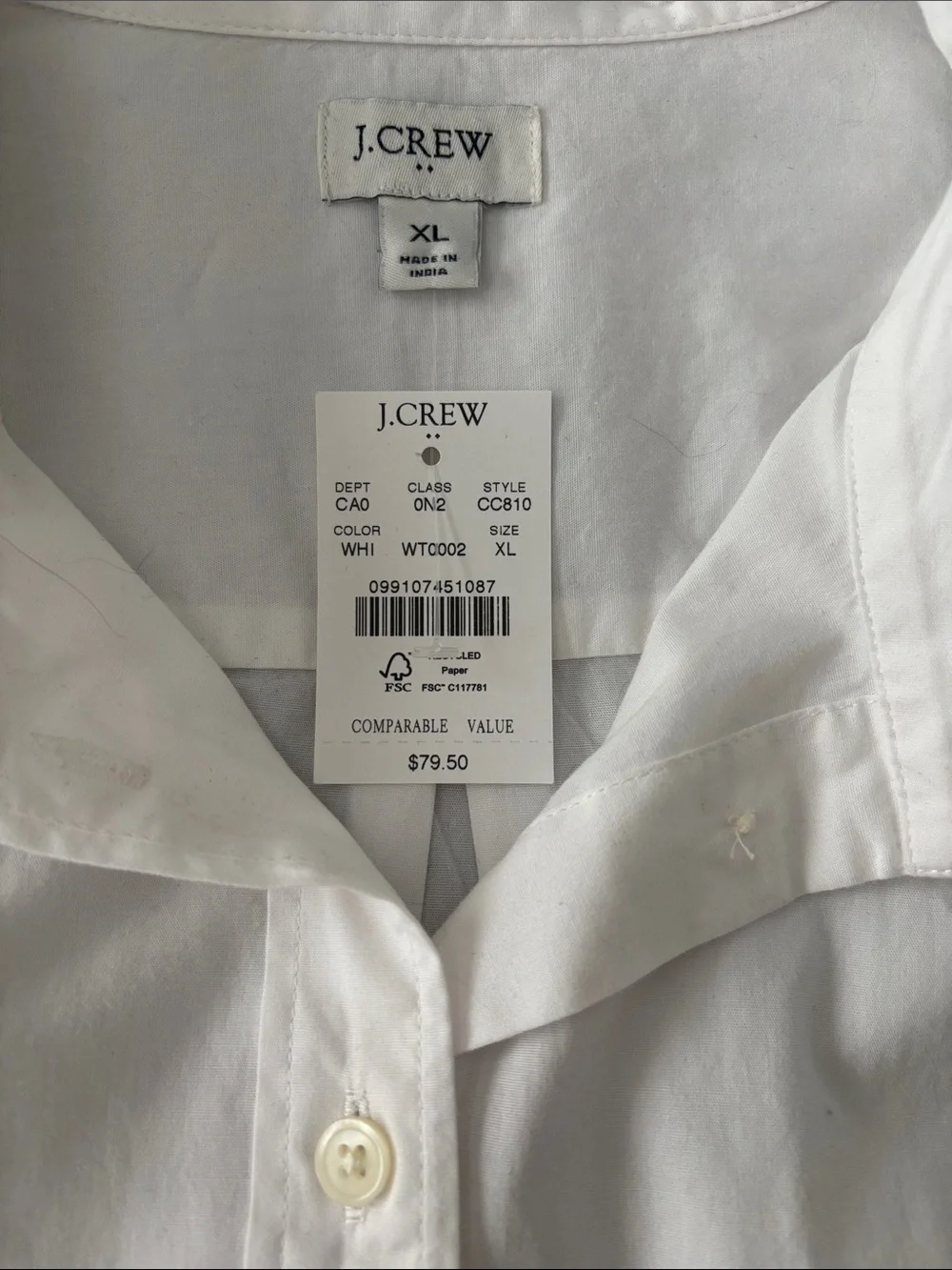 J. Crew White Long-Sleeve Button-Up Shirt. Brand new with tags
